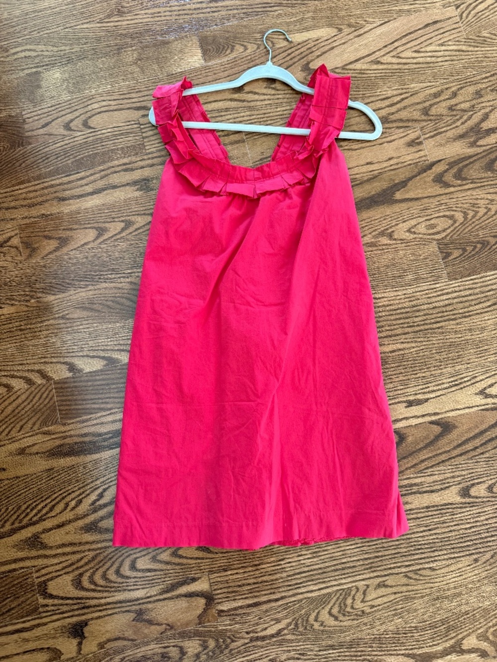 Fei Anthropologie Red Ruffle Scoop Neck Shift Dress Pockets 8